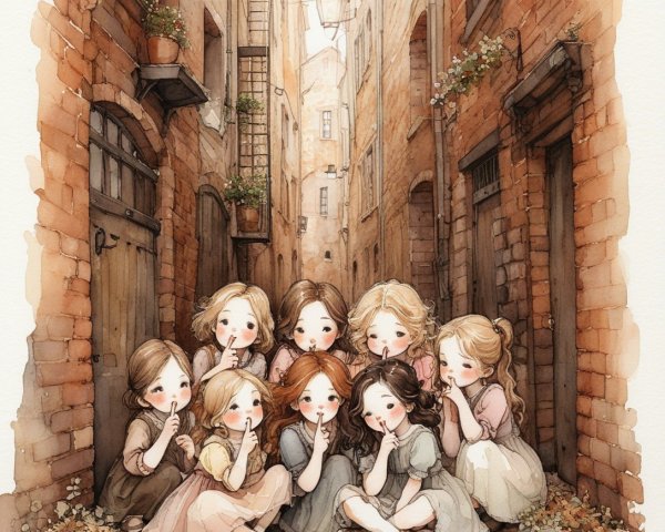 Group of Girls in Pastel Dresses in Quaint Alley