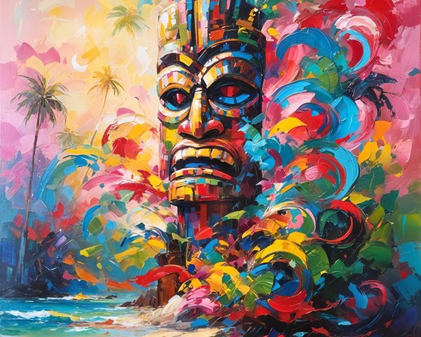 Vibrant Tropical Scene with Colorful Tiki Statue