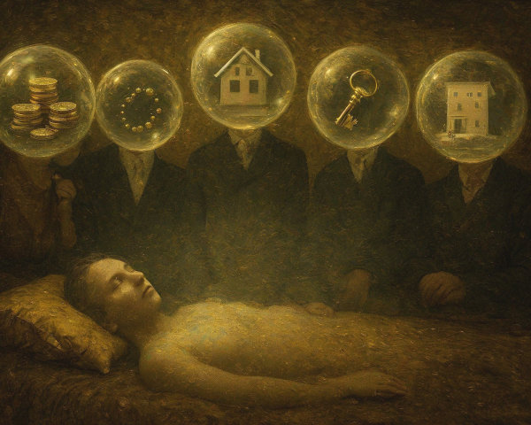 Serene Figure with Faceless Suits and Wealth Symbols