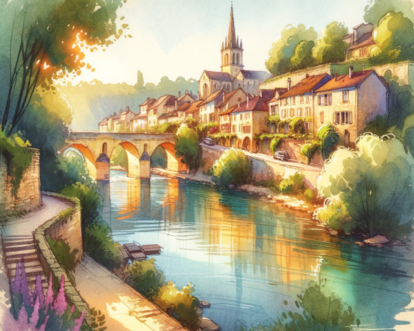 Quaint Village Riverside Scene with Charming Houses