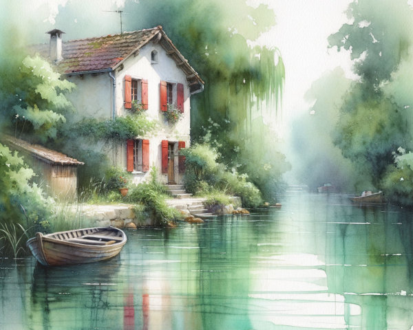 Charming White House by Tranquil River Scene