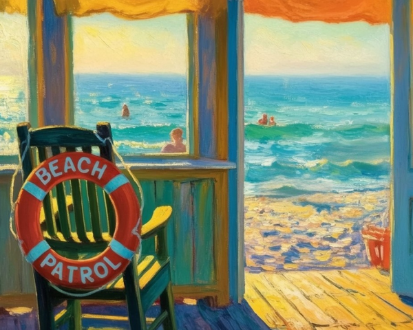 Vibrant Summer Beach Scene with Lifebuoy and Sunbathers