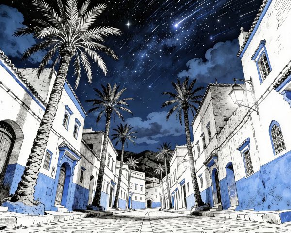 Anime Illustration of a Nighttime Cobblestone Street