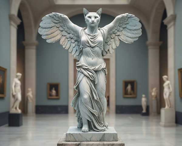 Marble Winged Cat Statue in Art Gallery Setting