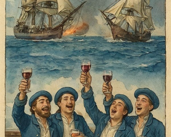 Celebration on a Ship with Sailors and Battle Scene