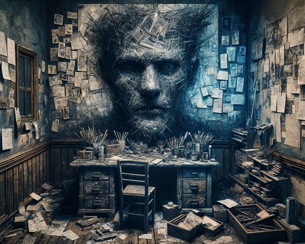 Cluttered Room with Art Supplies and Drawings