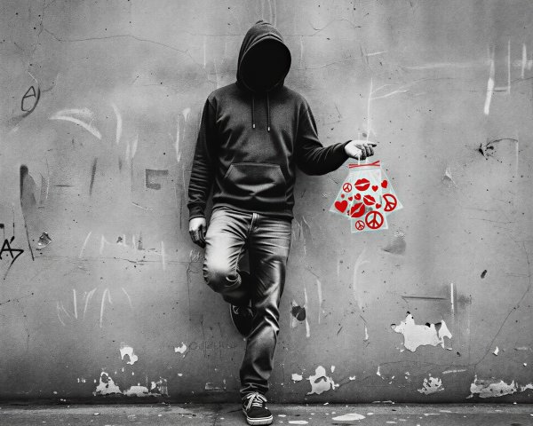 Person in Black Hoodie with Colorful Peace Bag