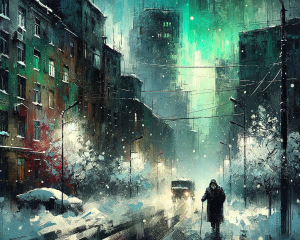 Solitary Figure on Snowy Street Under Green Glow
