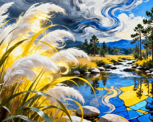 Digital Art Nouveau Landscape with Pampas Grass and River