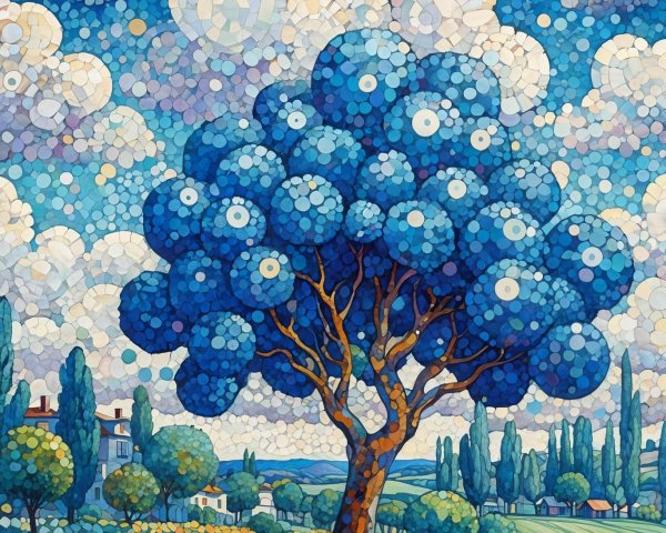 Vibrant Mosaic Artwork of Blue Tree and Countryside Scene