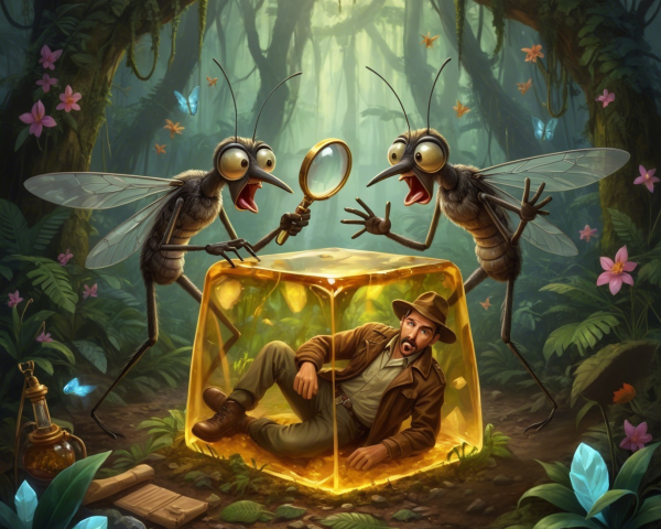 Man in Cube Surrounded by Giant Flies in Enchanted Forest