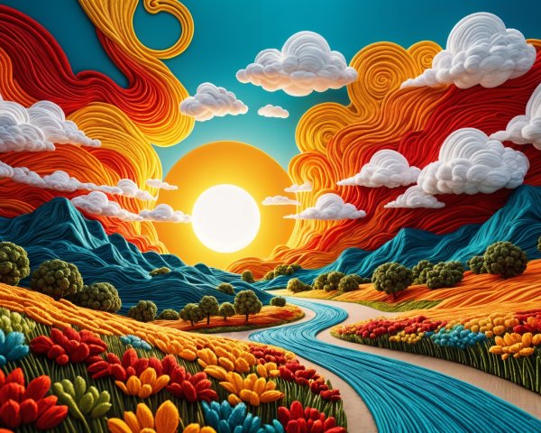 Vibrant Landscape with Colorful Threads and Flowers
