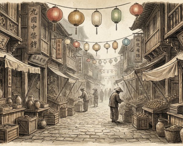 Detailed Drawing of a Traditional Chinese Market Street