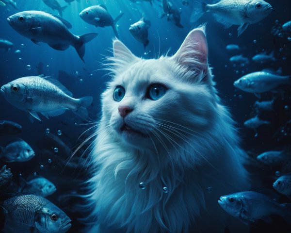 Majestic white cat observing an underwater scene