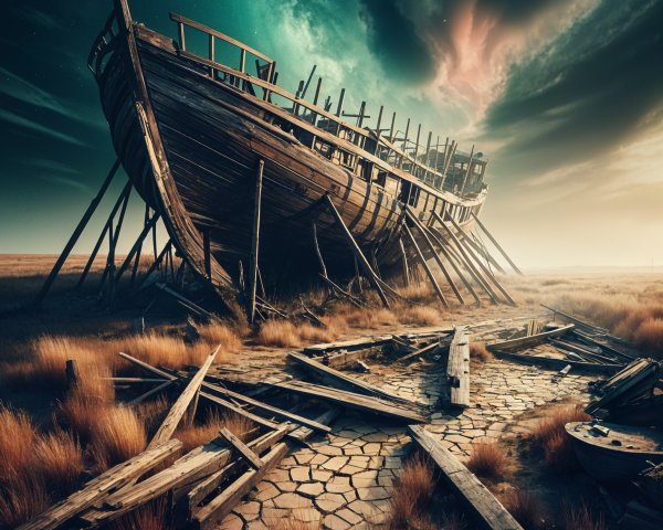 Abandoned Shipwreck on Cracked Land with Dramatic Sky