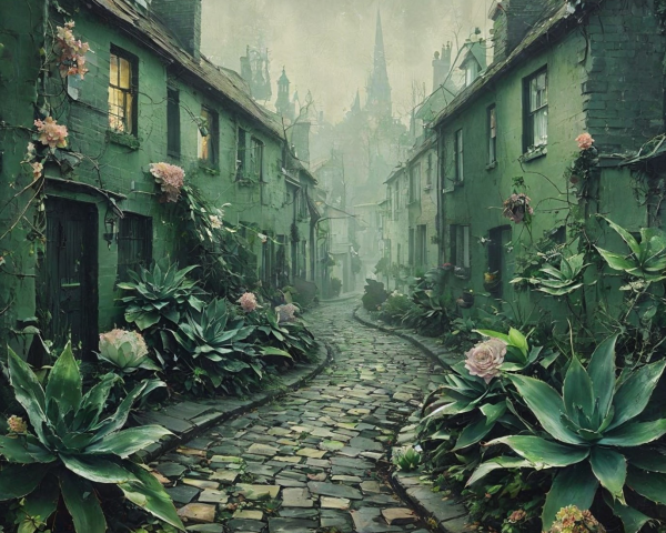 Charming Village Alley with Cottages and Foliage