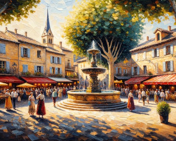 Vibrant Village Square with Fountain and Market Stalls