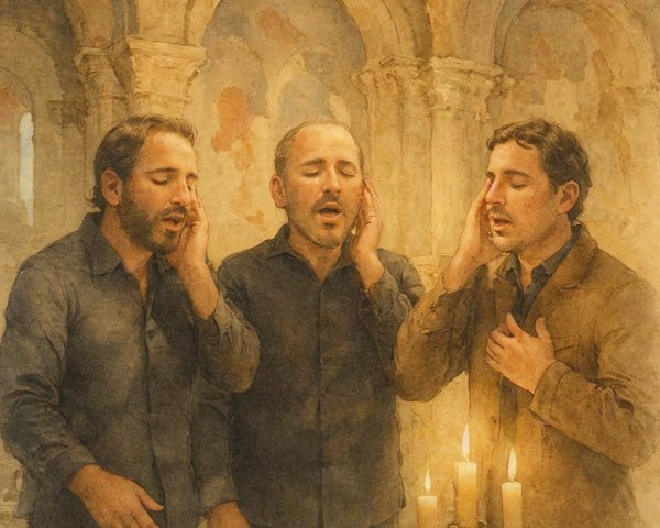 Three men singing harmoniously in a serene setting