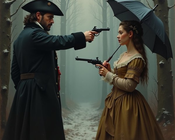 Standoff in a Misty Forest with Pistols Drawn
