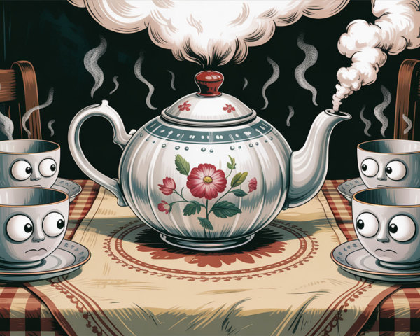 Vintage teapot with whimsical teacups on table