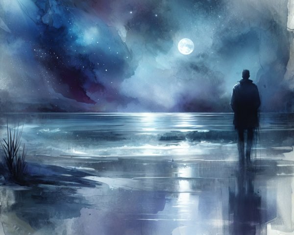 Solitary Figure on Tranquil Beach Under Full Moon