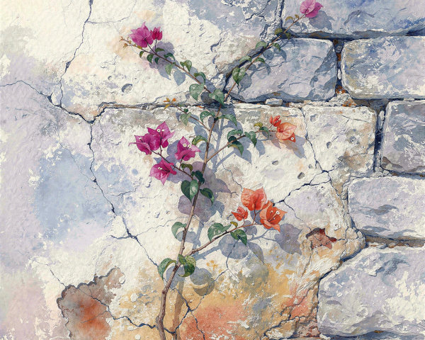Watercolor of Bougainvillea Against Stone Wall