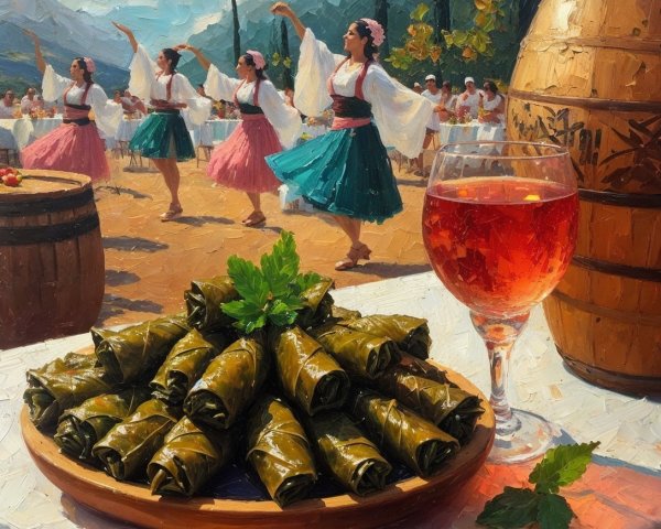 Outdoor Scene with Stuffed Grape Leaves and Dancers