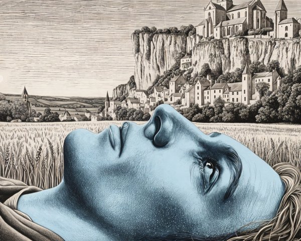Young man on grassy field with blue skin and village