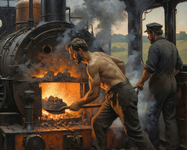 Workers in an Old Steam Locomotive's Cab