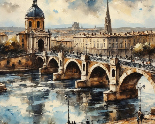 Watercolor of Historic Cityscape with Grand Bridge