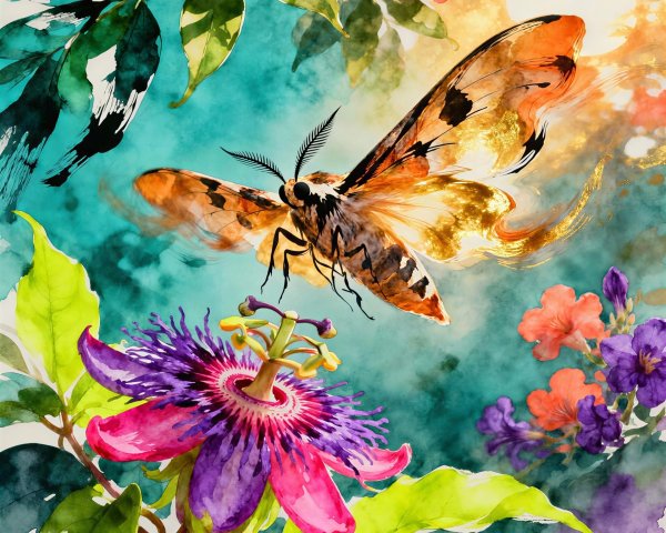 Watercolor Painting of Moth and Passion Flower Scene
