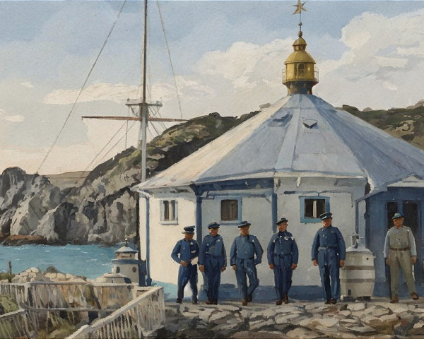Coastal Scene with White Building and Ocean Waves