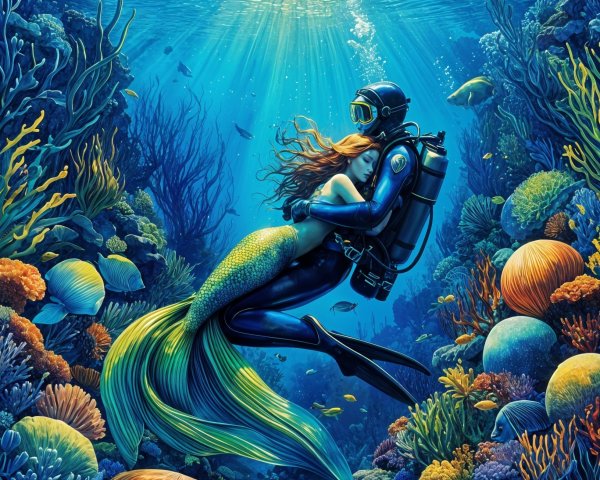 Diver and Mermaid in Colorful Underwater Scene