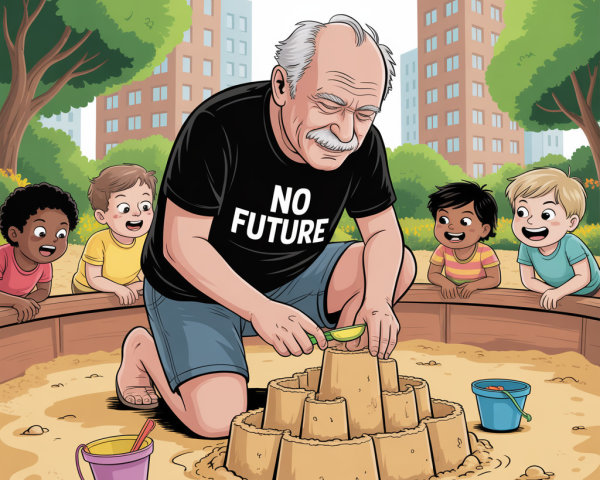 Older man builds sandcastle in vibrant park setting