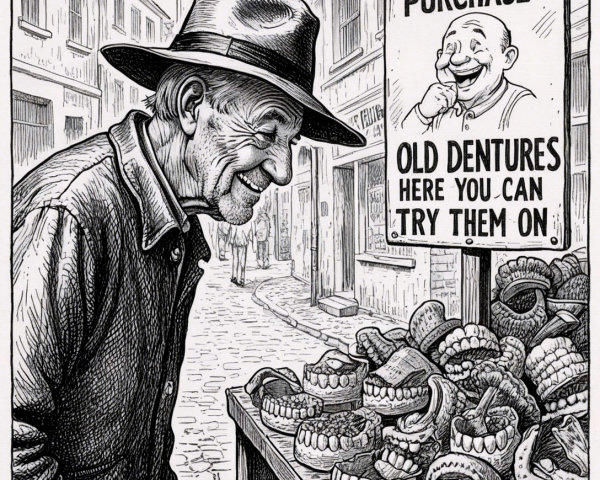 Elderly Man Examines Vendor Stall of Old Dentures