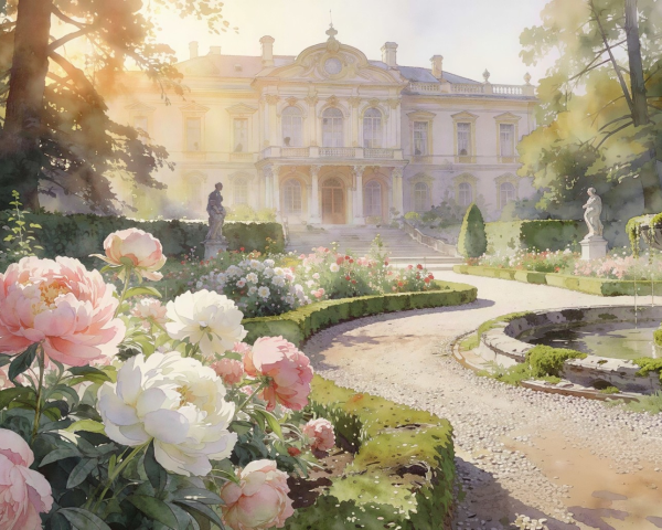 Watercolor Painting of Manor in English Garden at Sunrise