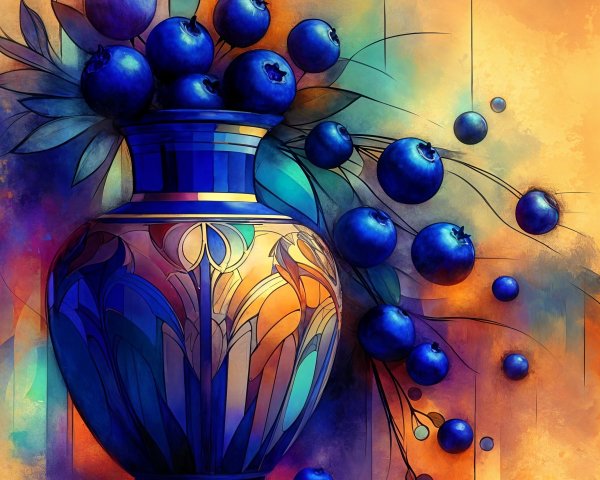 Ornate Blue Vase with Blueberries and Green Leaves