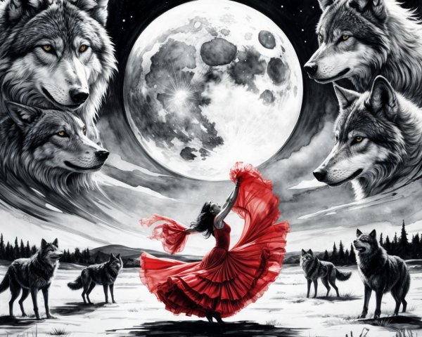Woman in Red Dress Twirls in Snowy Landscape with Wolves