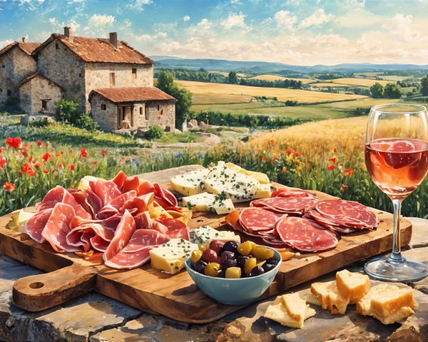Rustic Platter of Cured Meats and Cheeses in Countryside