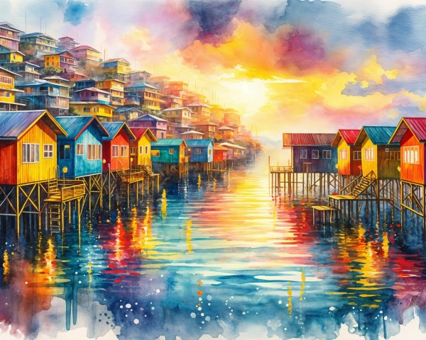 Colorful Stilt Houses by a Calm Waterway at Sunset