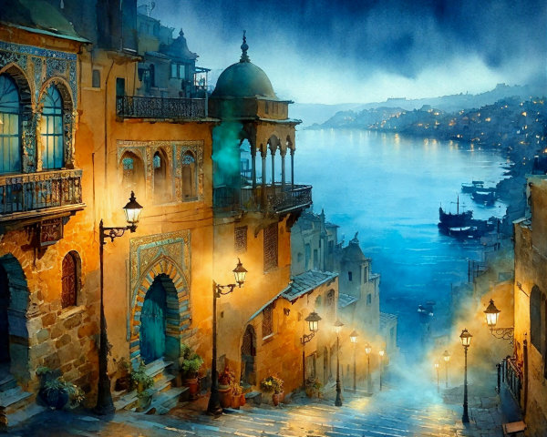 Twilight Scene of a Quaint Historic Street by River