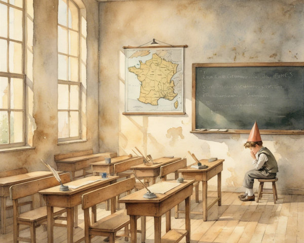 Sunlit Classroom with Vintage Desks and Map of France