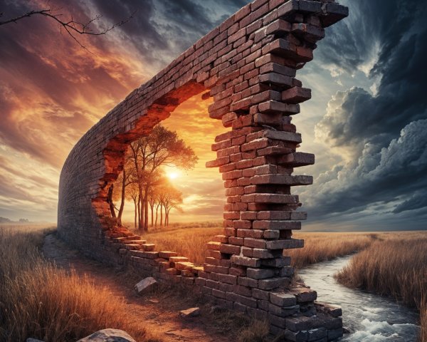 Surreal Landscape with Sunset and Collapsed Brick Wall