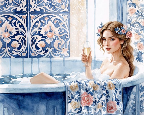 Woman in Vintage Bathtub with Champagne and Flowers