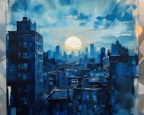 Cityscape Painting with High-Rise Buildings at Sunset