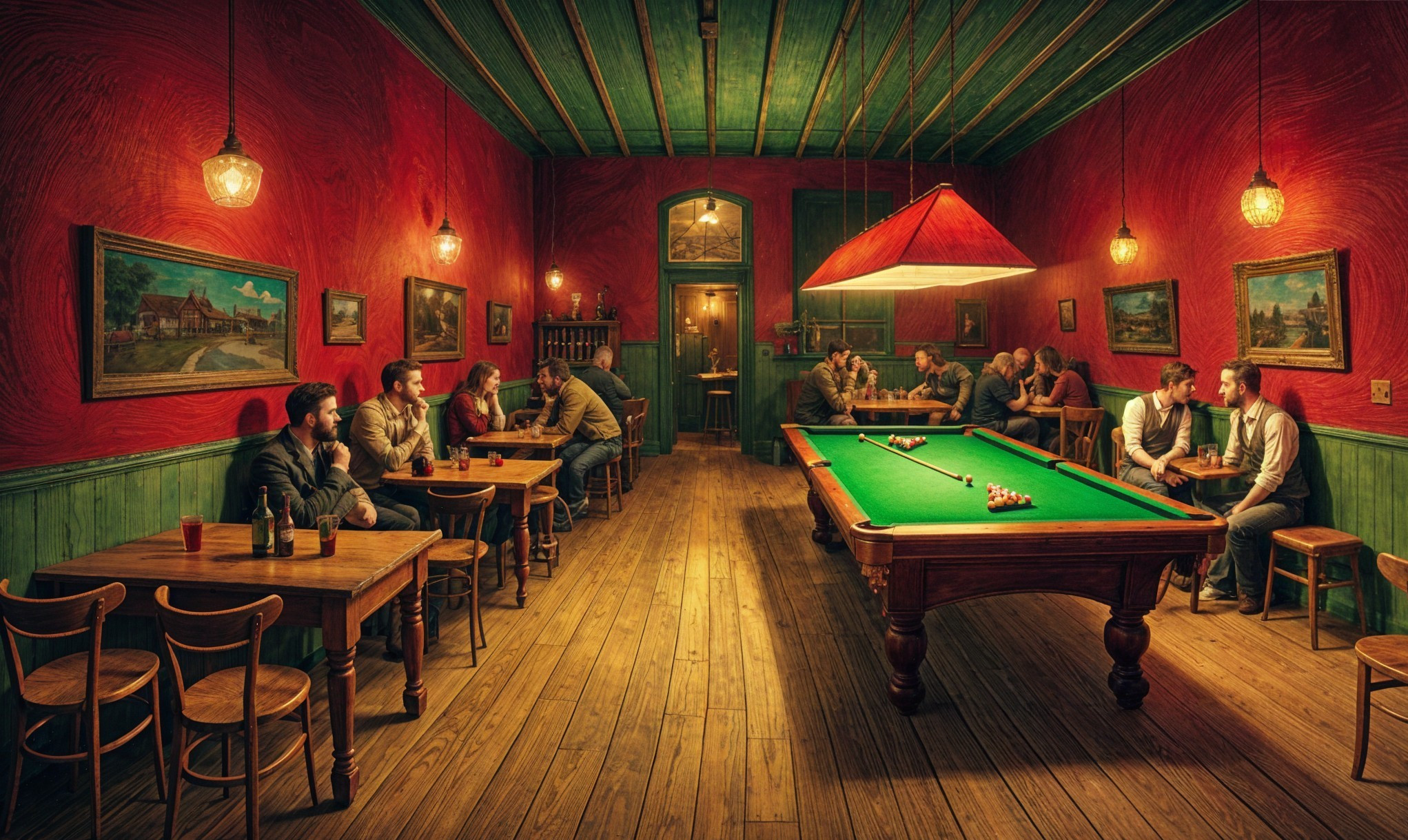 Warm Bar Atmosphere with Pool Table and Vintage Decor