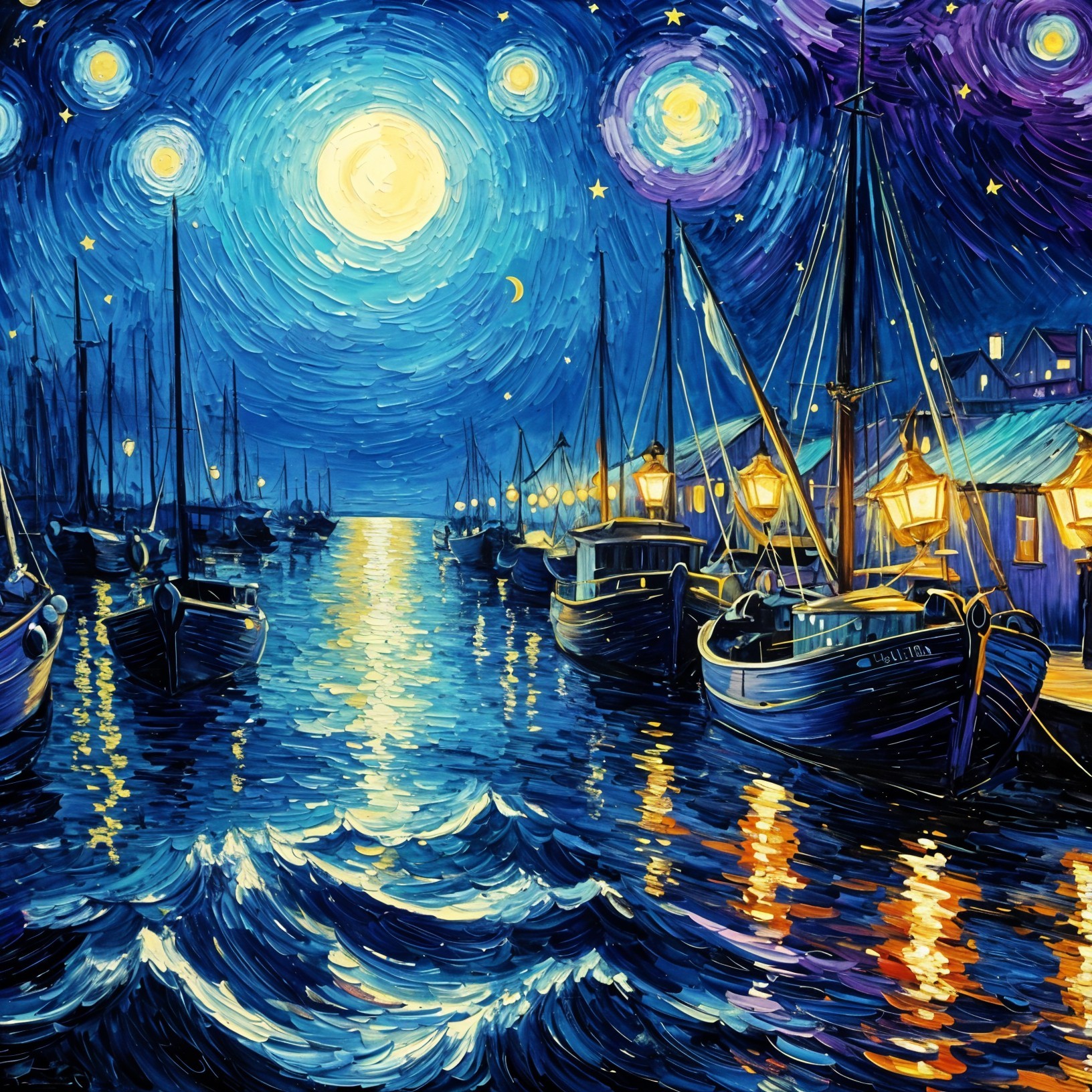 Serene Night Harbor Scene with Moon and Stars