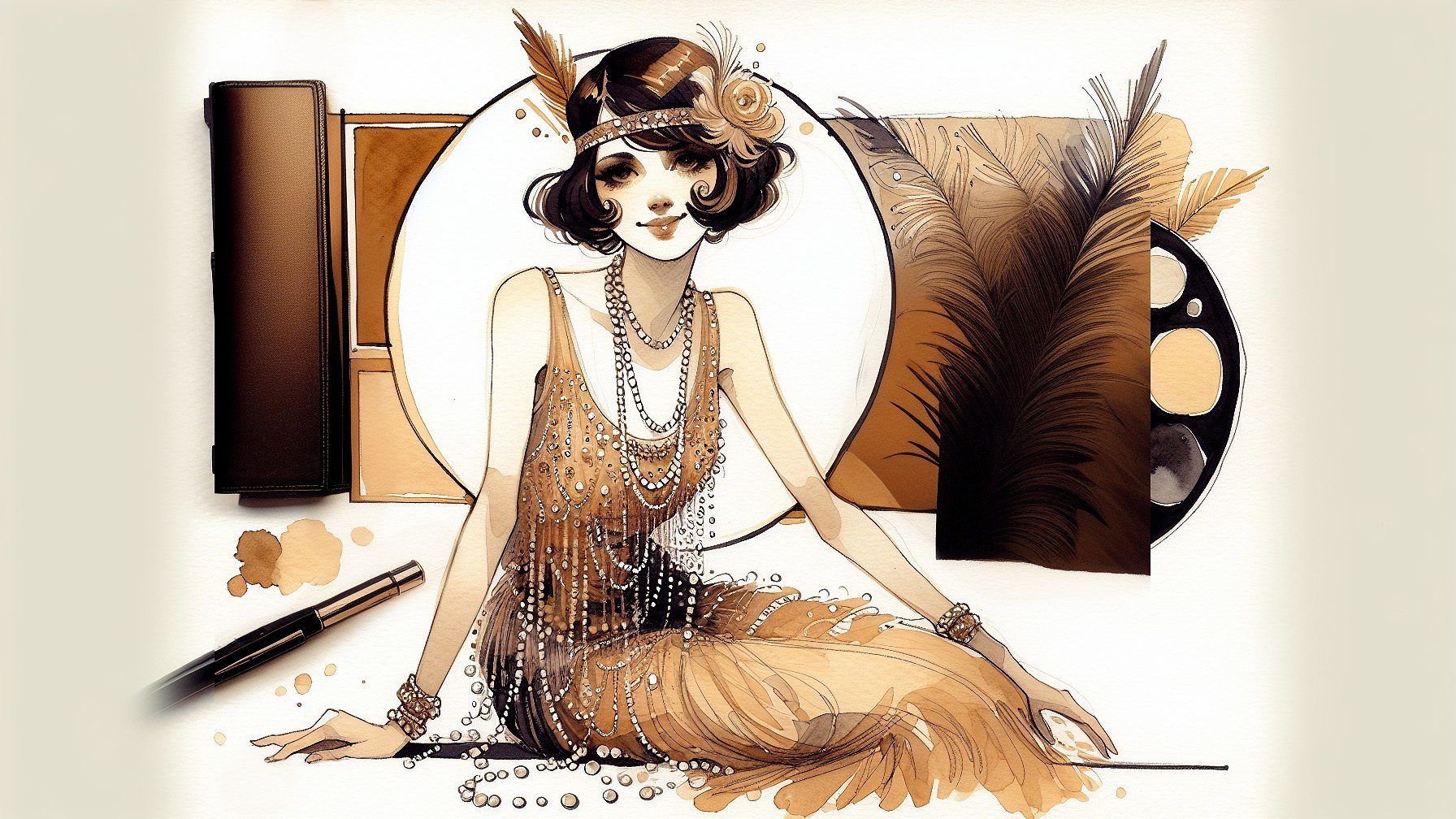 1920s Flapper Woman in Glamorous Dress and Art Supplies