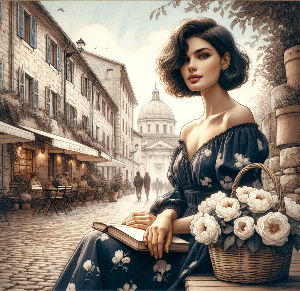 Young Woman in Floral Dress on Cobblestone Street