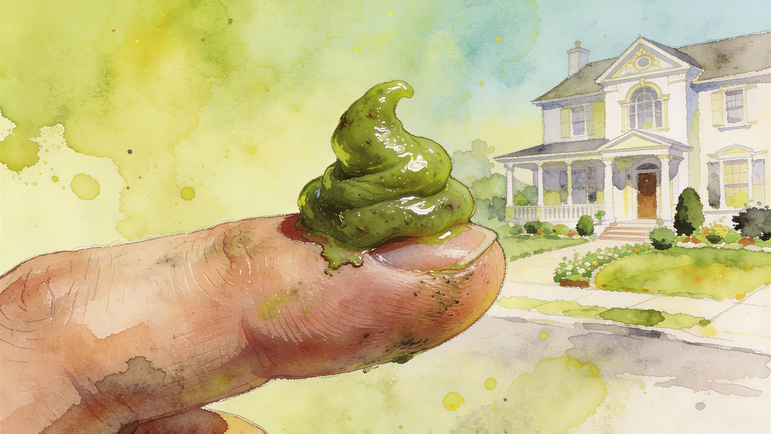 Close-Up Watercolor of Goo on Human Digit with House